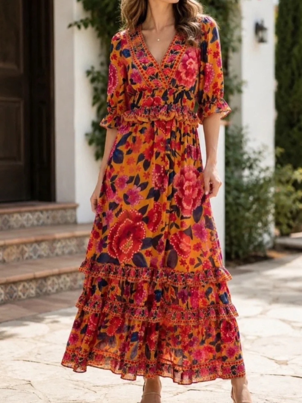 FARM Rio Mustard Maxi Dress with Pink and Red Floral Print and Navy Accents